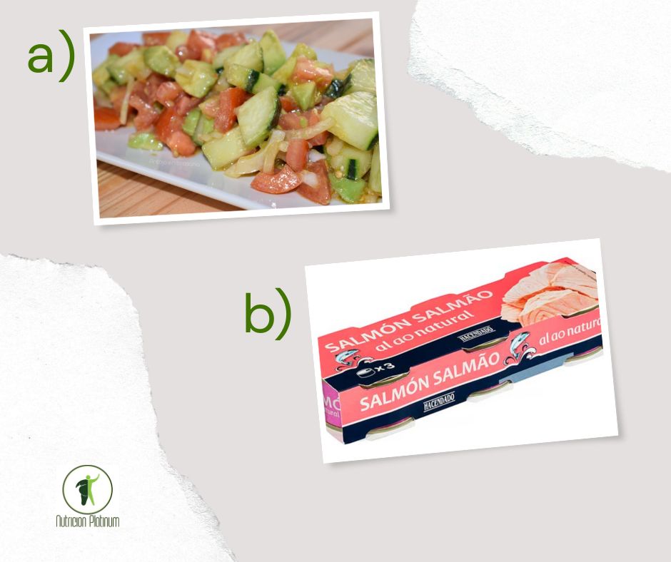 Ensalada de pepino, tomate y aguacate con salmón en conserva.